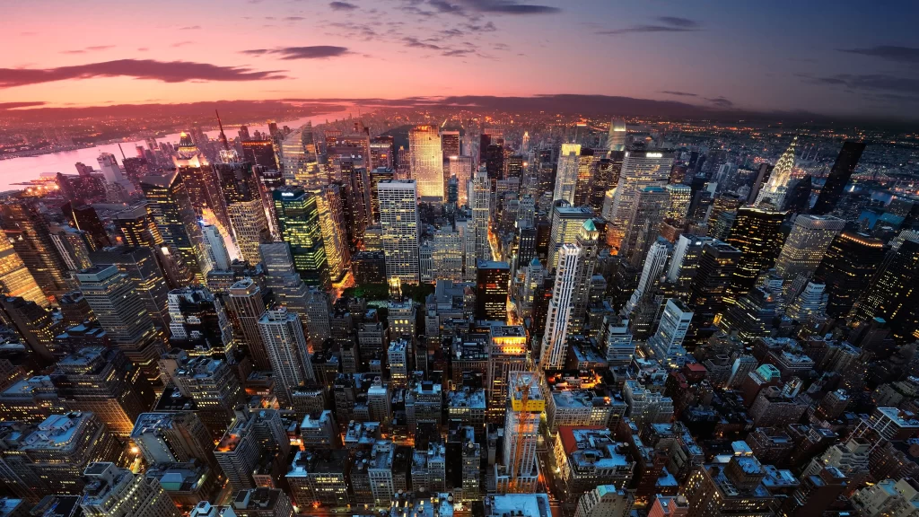 Cityscape skyscrapers sunset urban lights buildings skyline twilight