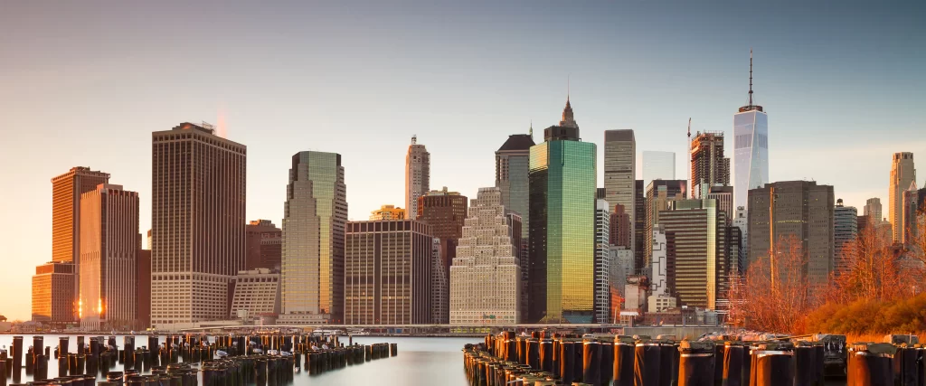 Cityscape, skyscrapers, sunset, water, urban, skyline