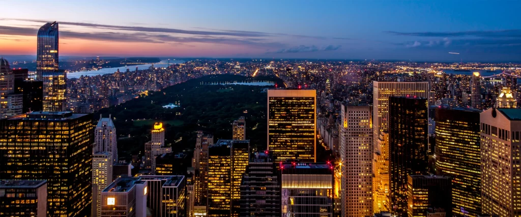 Cityscape, skyscrapers, twilight, lights, urban, skyline