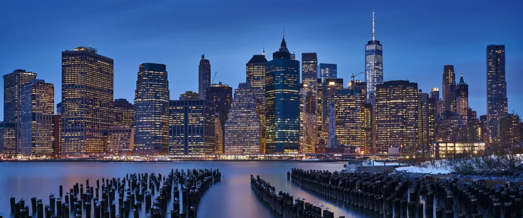 Cityscape, skyscrapers, twilight, water, reflections, urban
