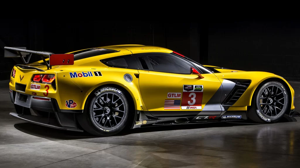 Corvette racing car yellow Mobil 1 GTLM number 3 sponsor logos