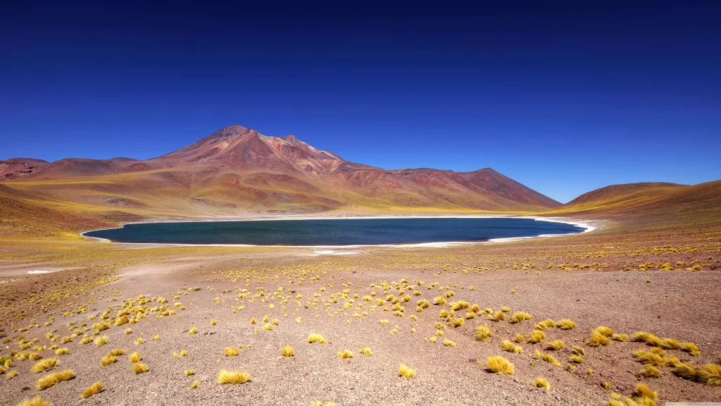Desert, mountain, lake, clear sky, yellow vegetation, rugged terrain