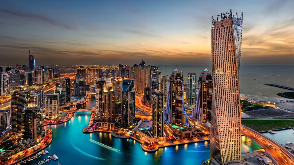 Dubai cityscape skyscrapers water canal sunset