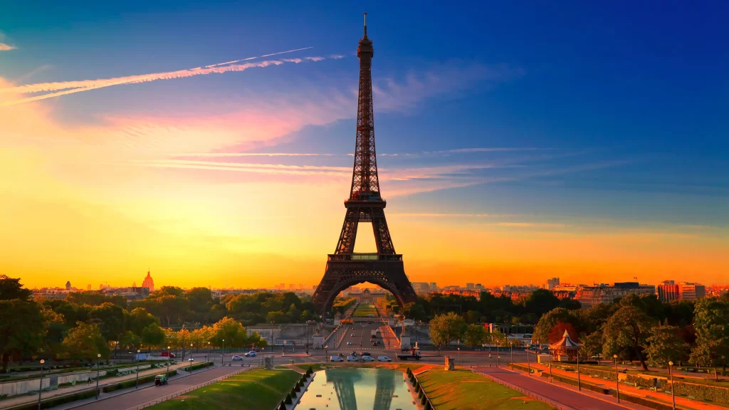 Eiffel Tower, sunset, Paris, skyline, reflection, vibrant colors
