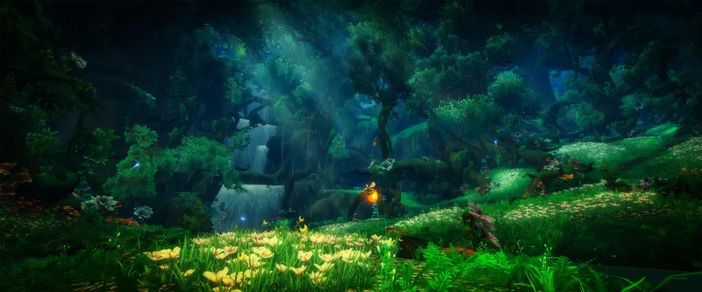 Fantasy forest, mystical, lush greenery, glowing flowers, waterfall, enchantment