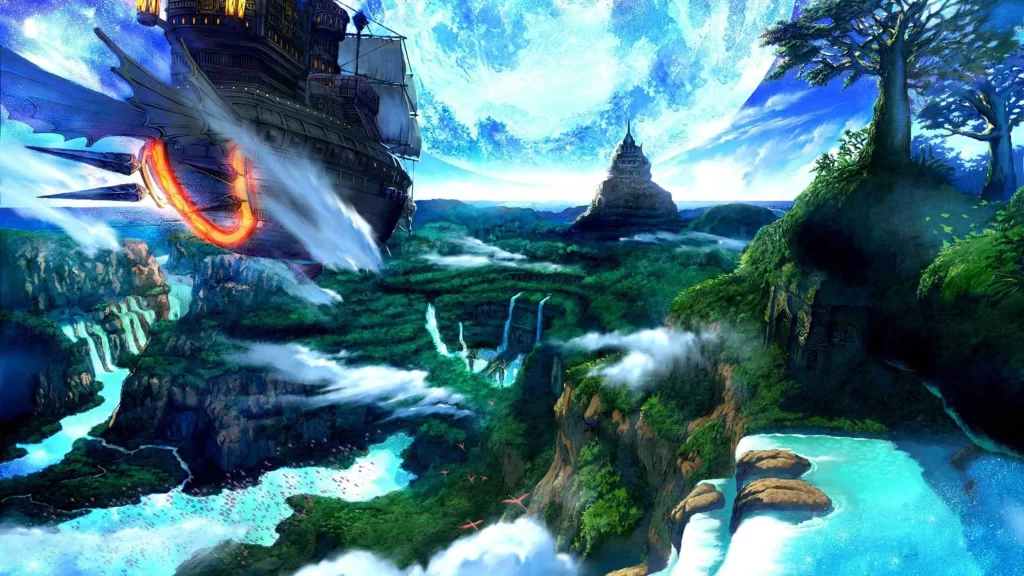 Fantasy landscape, flying ship, lush greenery, waterfalls, moon, mystical