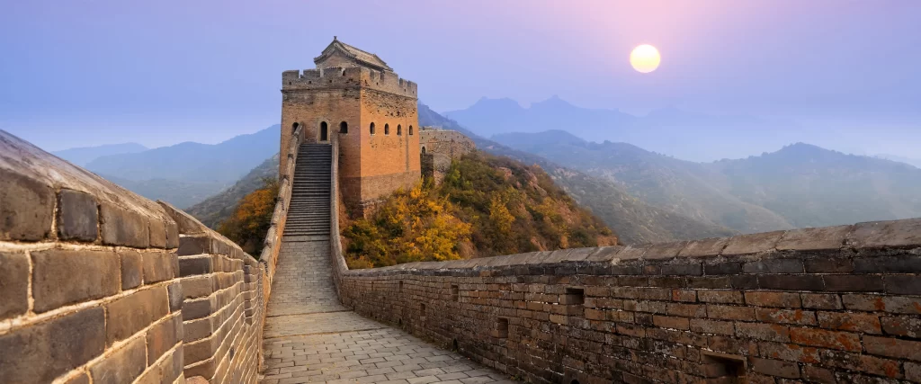 Great Wall, ancient, stone, tower, mountains, sunset