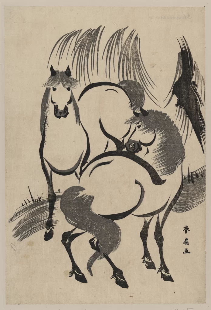 Horses Willow Tree Traditional Art Ink Painting Nature