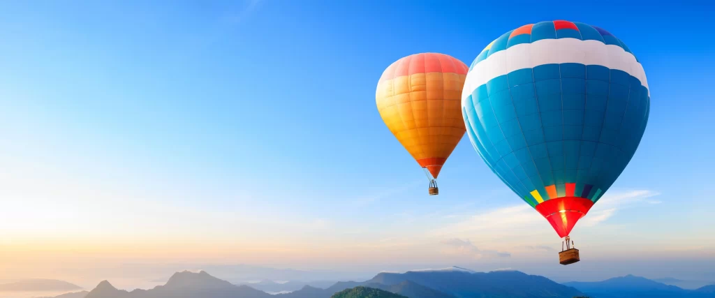 Hot air balloons, sky, sunrise, mountains, colorful, adventure