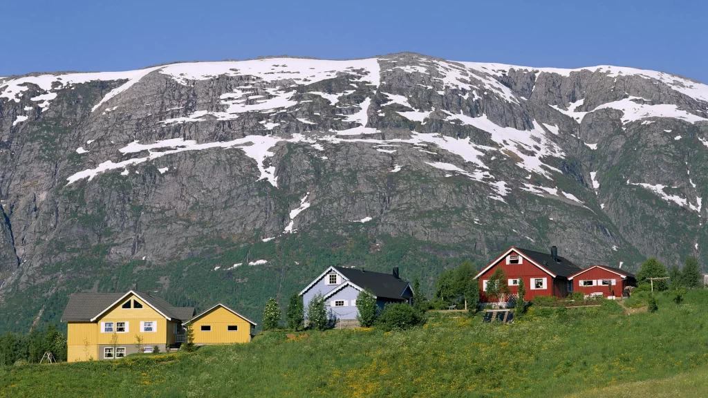 Houses mountain snow greenery landscape nature