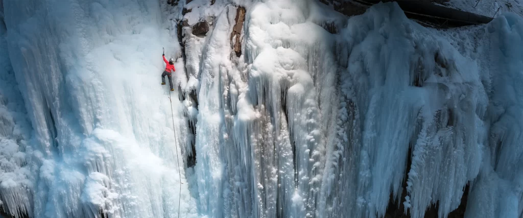 Ice climber, frozen waterfall, cold, adventure, rope, gear
