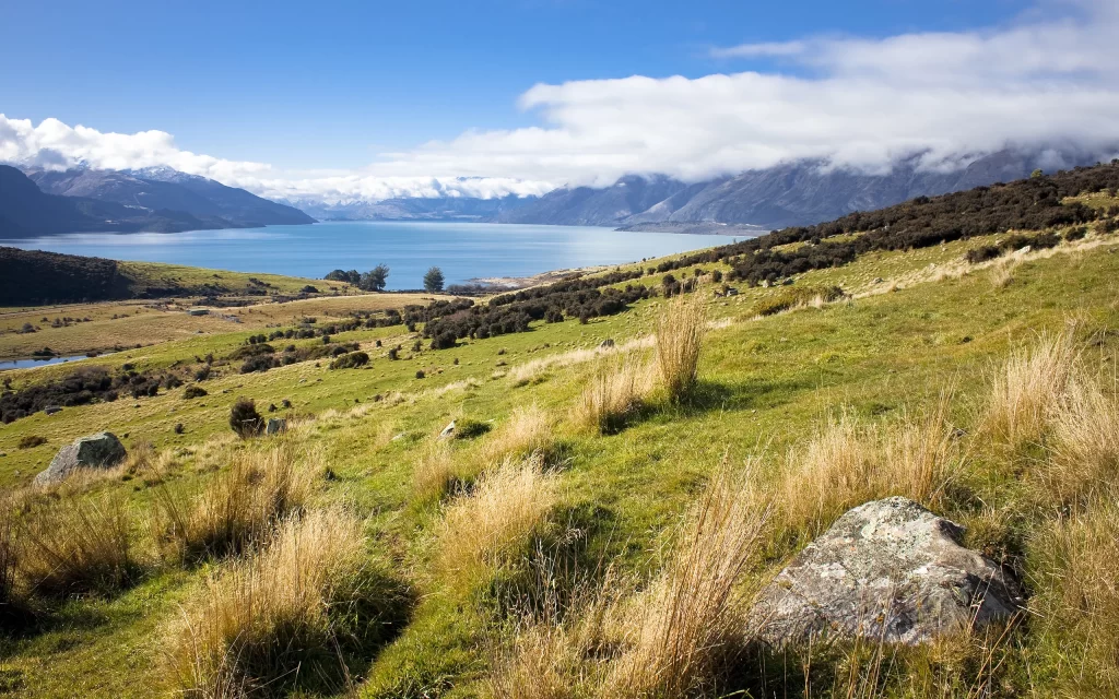 Landscape Mountains Lake Grass Rocks Sky