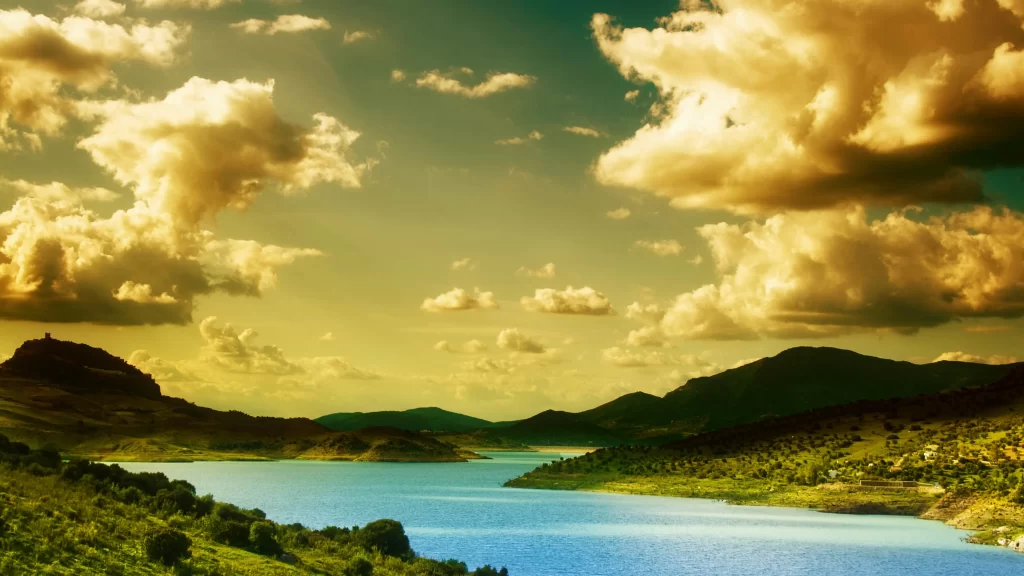 Landscape, lake, mountains, clouds, greenery, sunlight