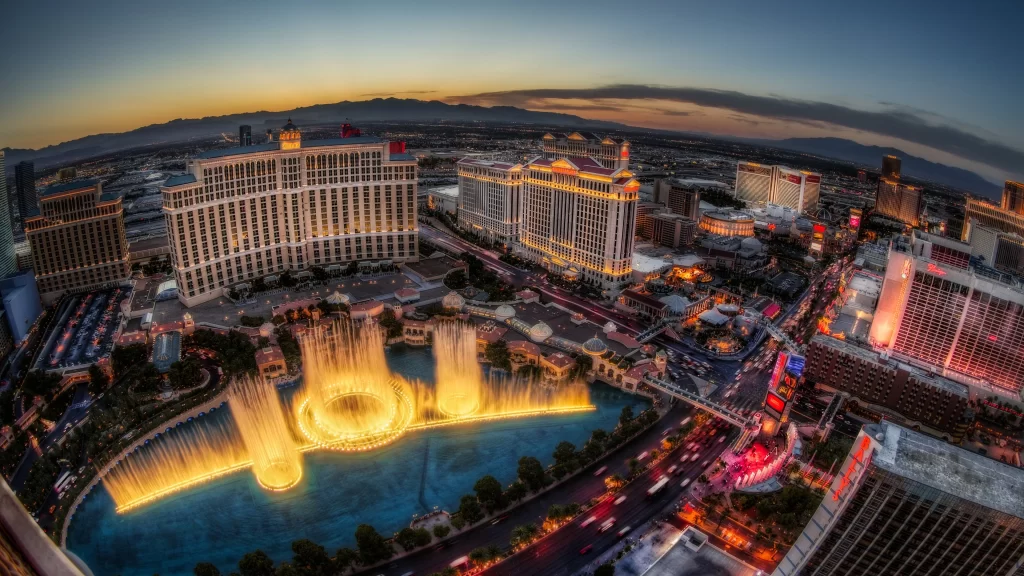 Las Vegas Bellagio fountains sunset cityscape hotels