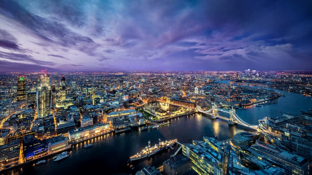 London cityscape River Thames Tower Bridge skyline evening lights urban landscap