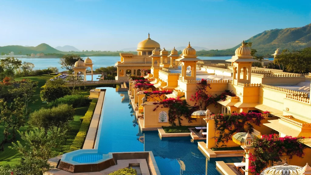 Luxury resort, traditional architecture, infinity pool, lush greenery, serene landscape, tranquil ambiance.