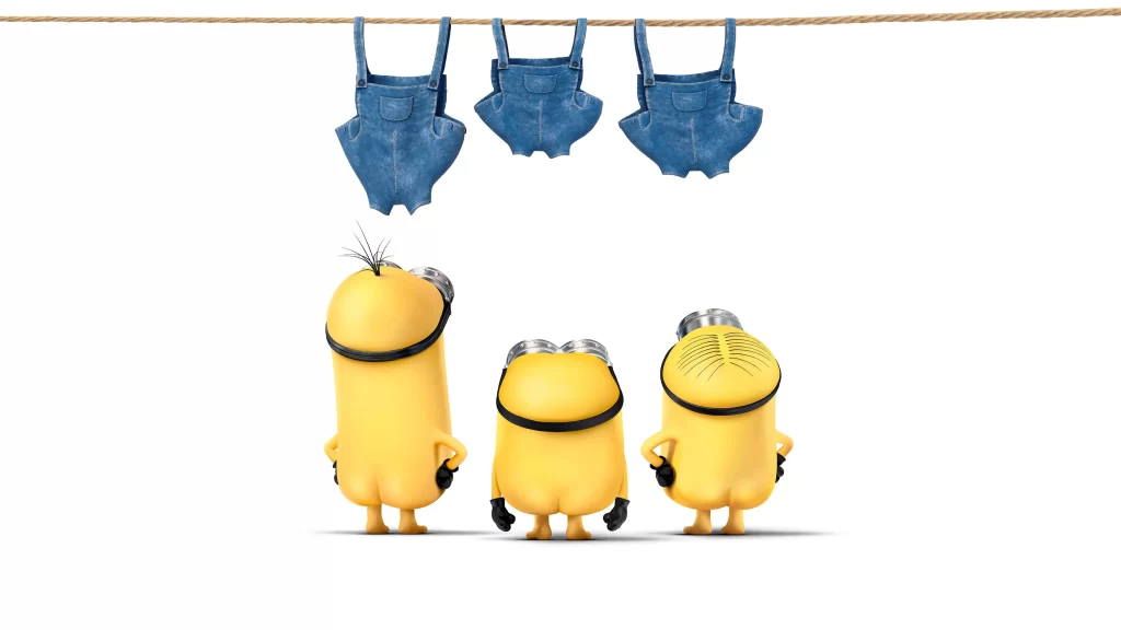 Minions clothesline overalls humor cartoon playful yellow movie