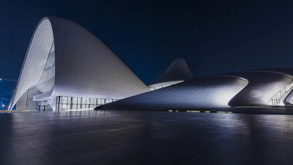 Modern architecture, futuristic, night, illuminated, sleek, contemporary
