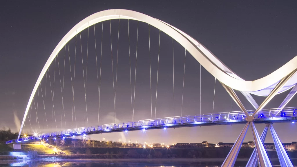 Modern bridge, night, lights, reflection, architecture, urban