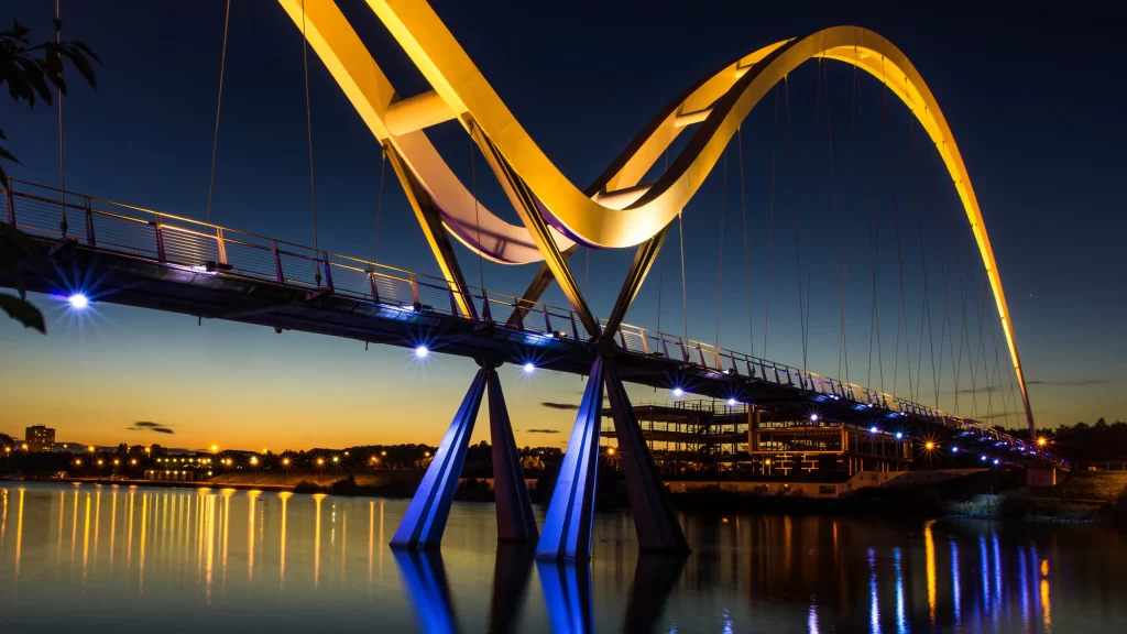 Modern bridge, twilight, reflection, lights, architecture, water