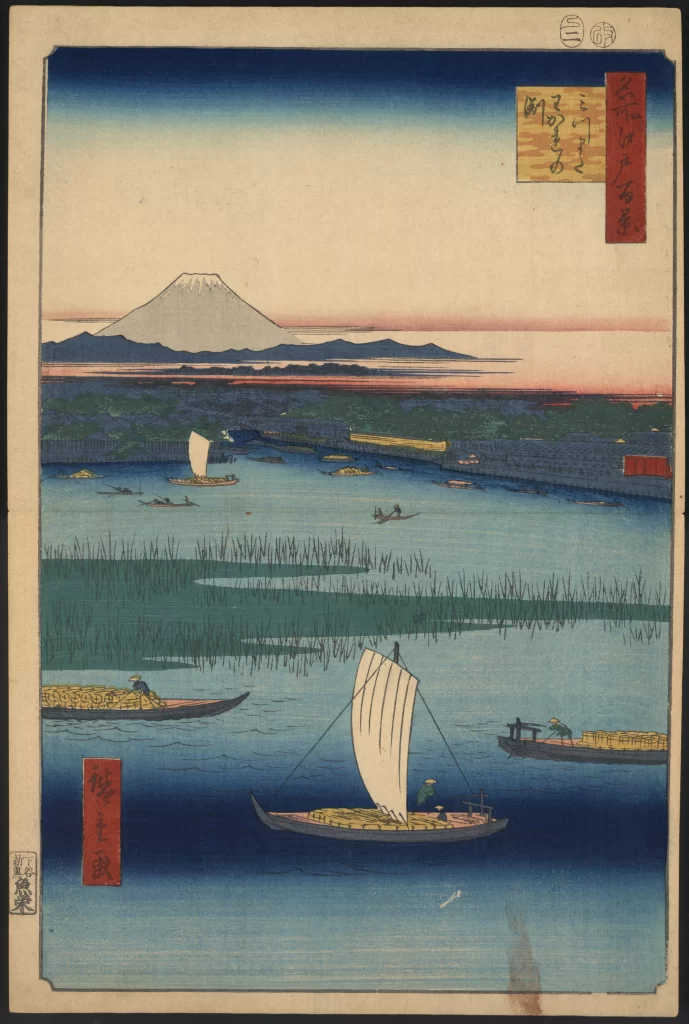 Mount Fuji River Boats Reeds Landscape