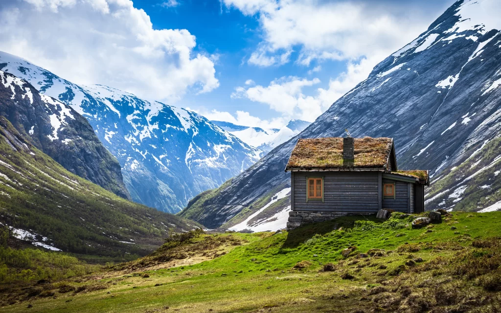 Mountain Cabin Snow Greenery Scenic Landscape