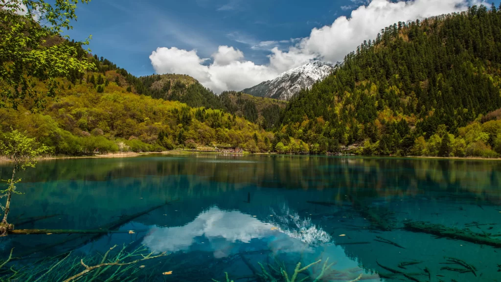 Mountain Lake Reflection Forest Snow Sky