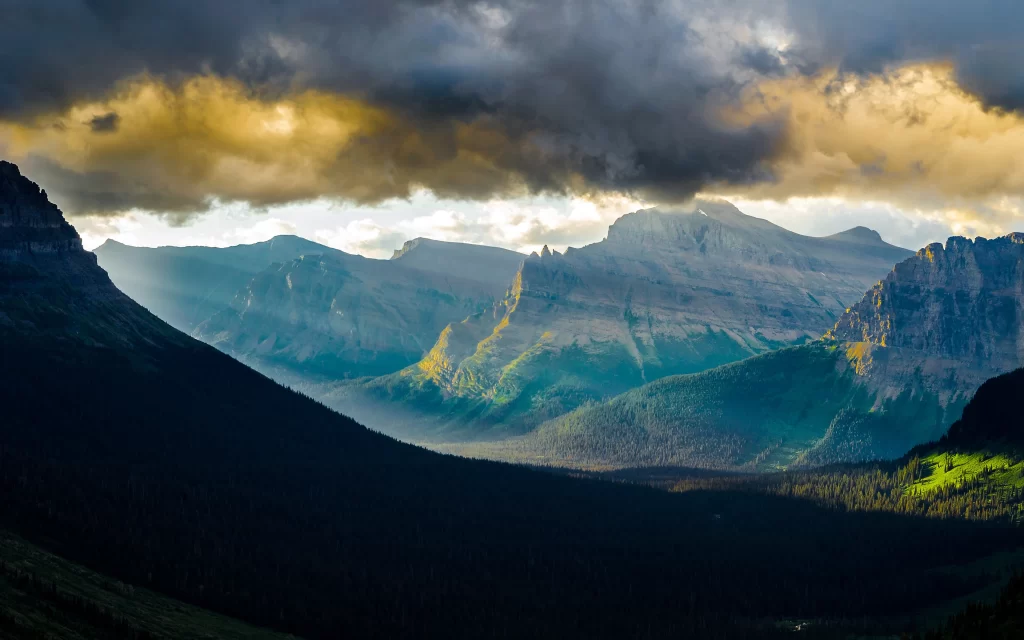 Mountain Peaks Clouds Sunlight Forest Valley Majestic