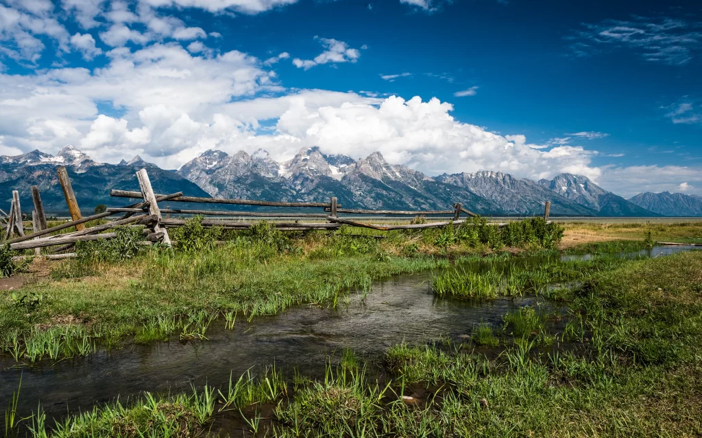 Mountain Range Clouds Blue Sky Fence River Greenery