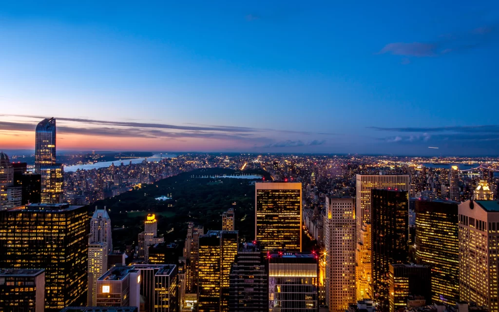 New York City skyline Central Park skyscrapers sunset urban