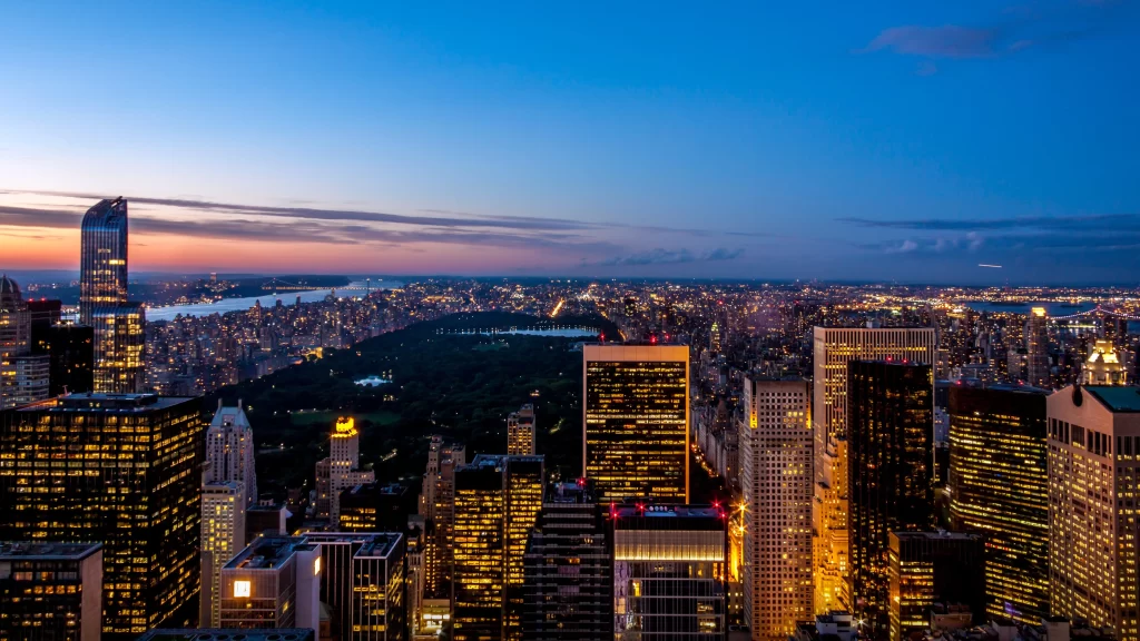 New York City skyline skyscrapers sunset Central Park urban landscape