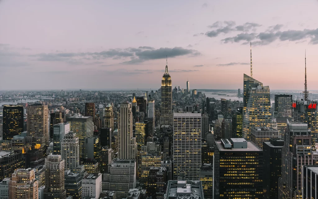 New York City skyline skyscrapers sunset urban architecture