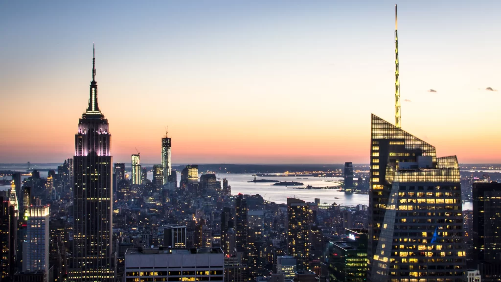 New York City skyline sunset skyscrapers Hudson River cityscape