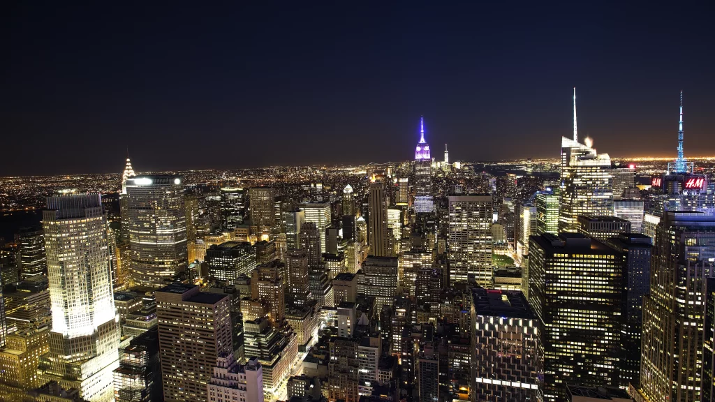 New York City skyscrapers night view urban landscape illuminated buildings city