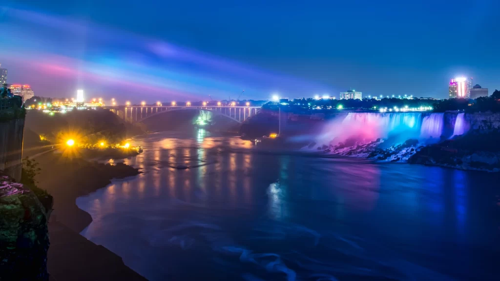 Niagara Falls night lights bridge river cityscape water reflection