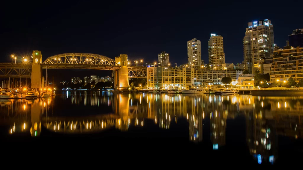 Night cityscape bridge lights reflection calm