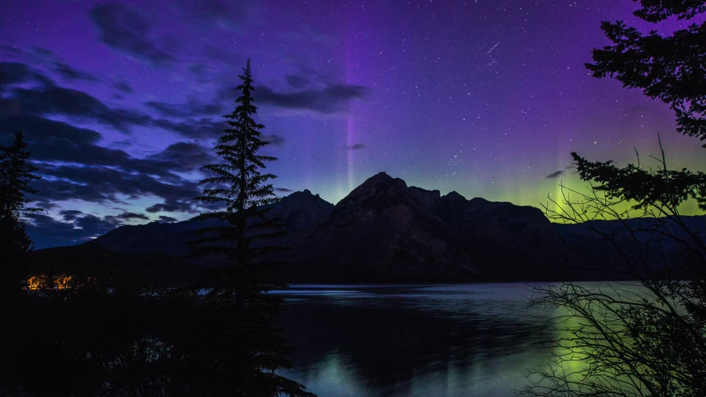 Northern Lights mountain lake trees night sky reflection stars colors