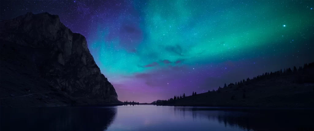 Northern Lights, night sky, stars, lake, mountains, reflection