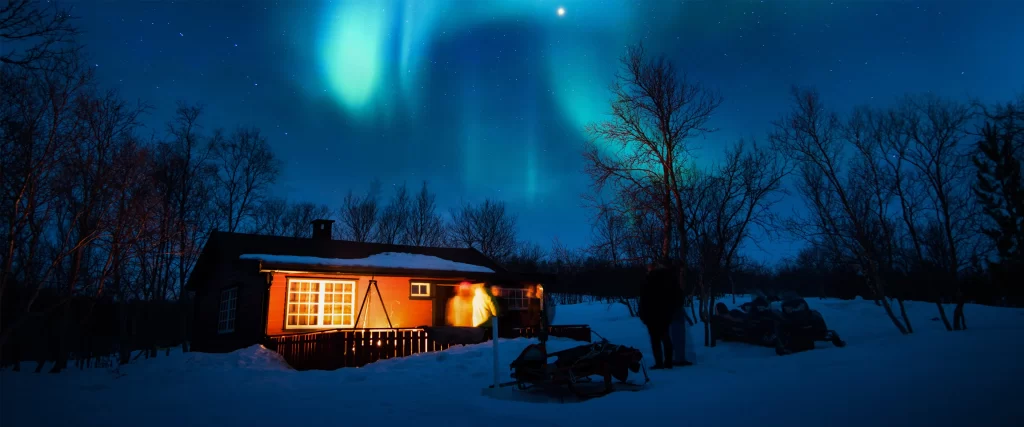 Northern lights, snowy landscape, cabin, trees, night sky, aurora
