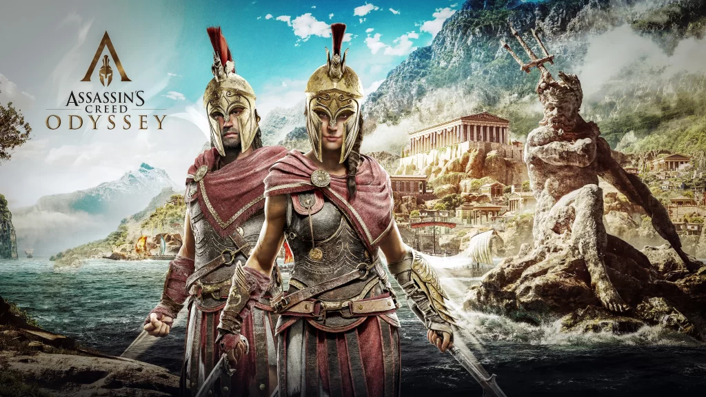 Odyssey ancient Greece warriors helmets sea mountains temple adventure