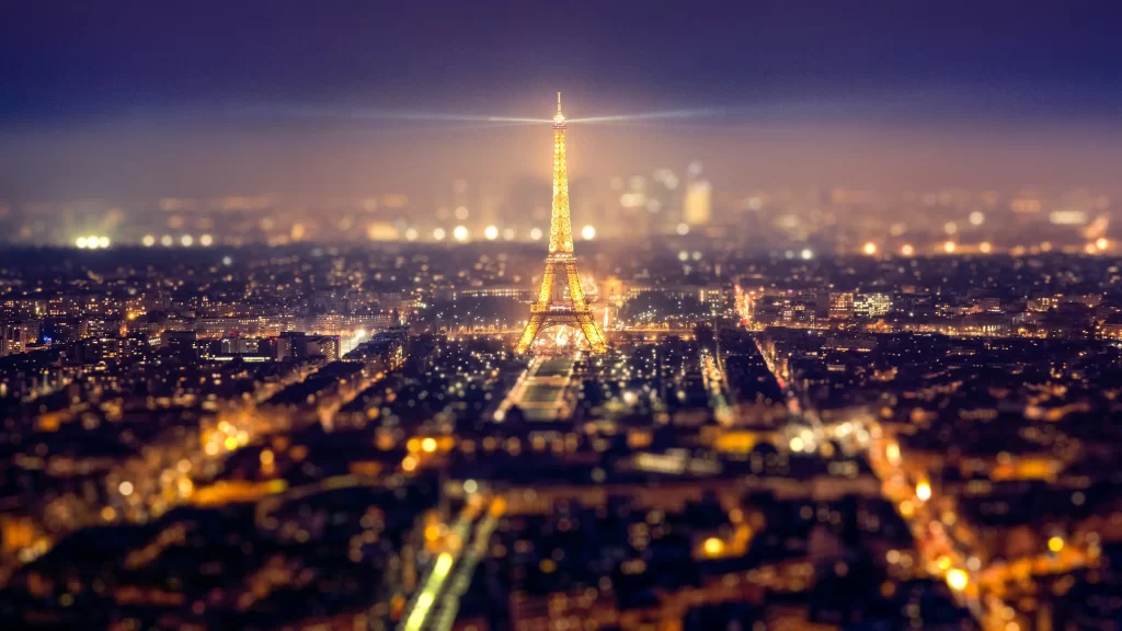 Paris Eiffel Tower night cityscape lights tiltshift skyline