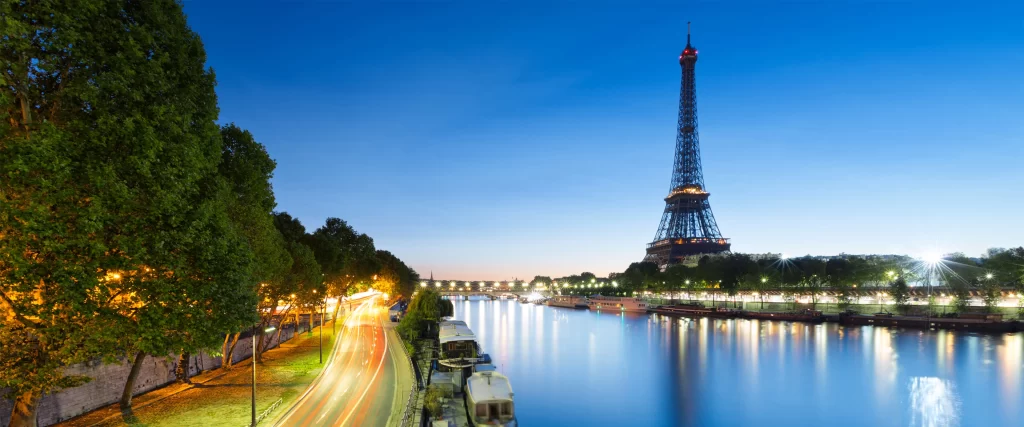 Paris Eiffel Tower twilight river lights
