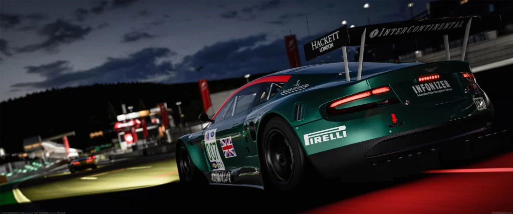 Race car, night, track, Pirelli, Aston Martin, competition