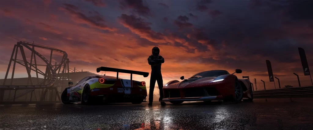 Race cars, sunset, clouds, track, driver, silhouette