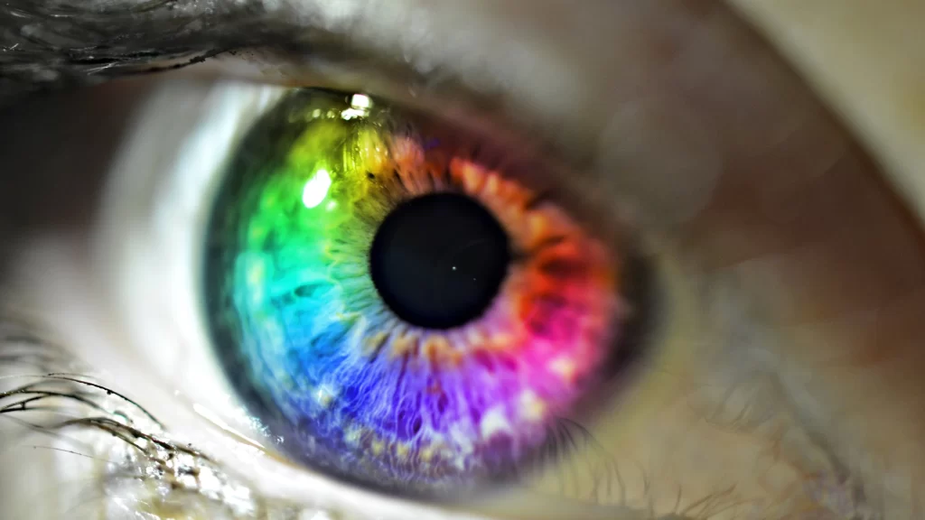 Rainbow colors eye iris pupil reflection vibrant