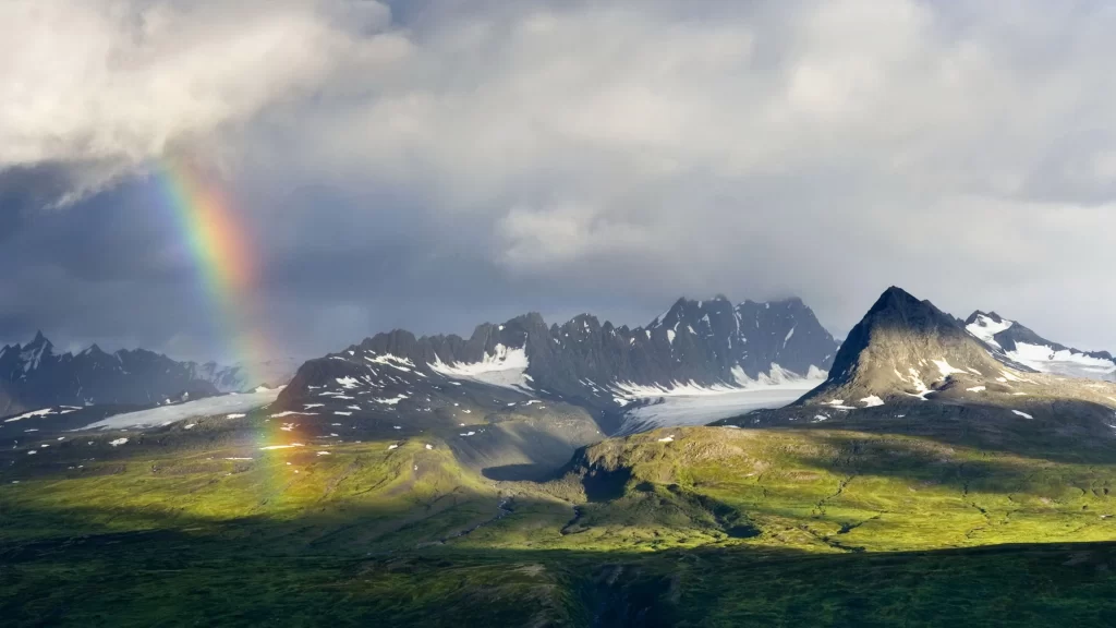 Rainbow mountains clouds sunlight greenery landscape nature scenery