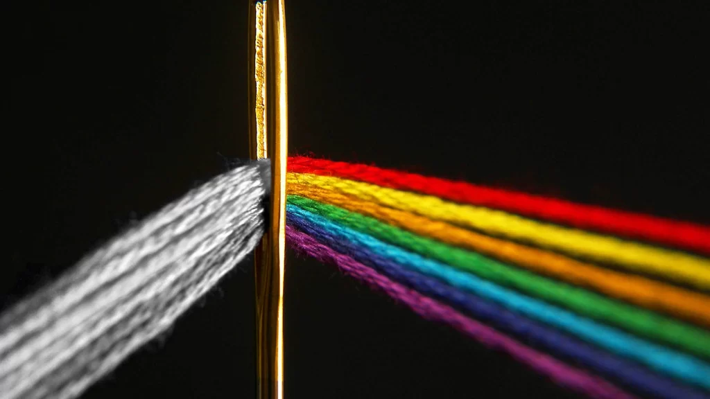 Rainbow, needle, thread, colors, spectrum, black background