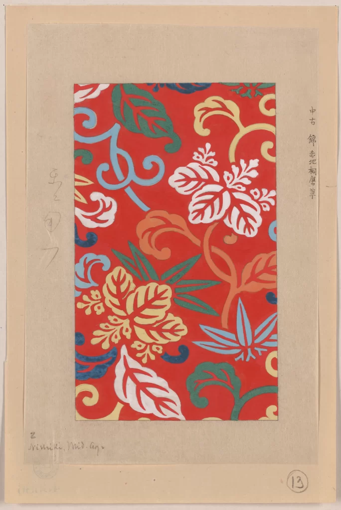 Red Background Floral Pattern Green Leaves Blue Swirls Yellow Accents Traditional Design