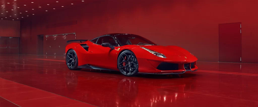 Red sports car, luxury, sleek design, showroom, glossy finish