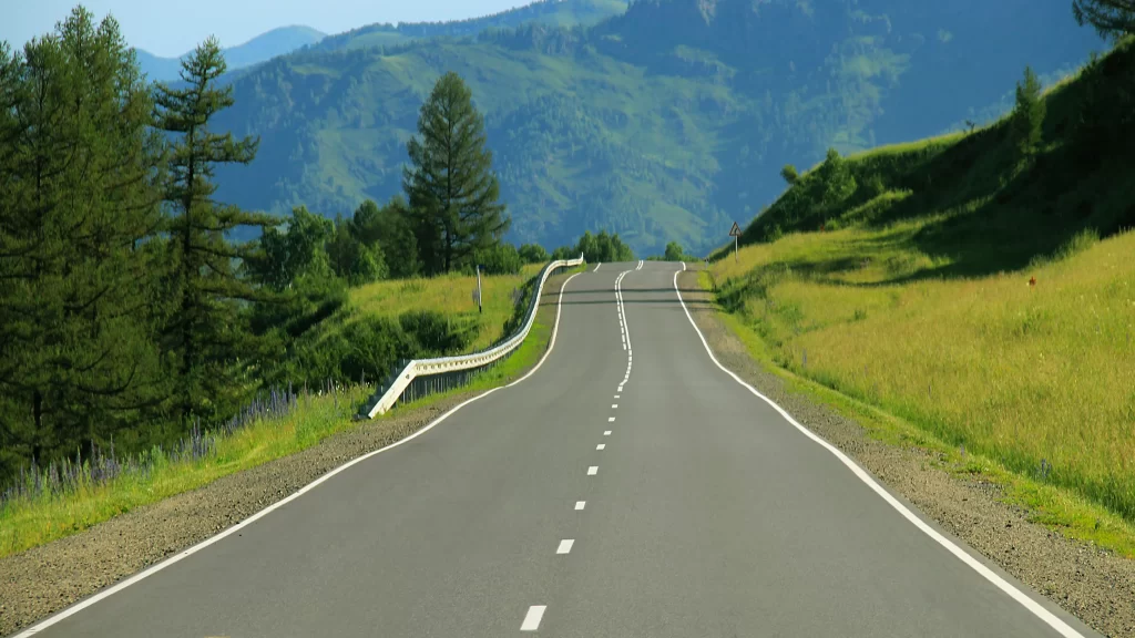 Road Mountains Trees Greenery Hills Blue Sky